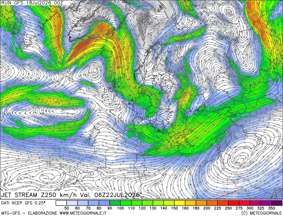 mappa 250 hPa Jet stream