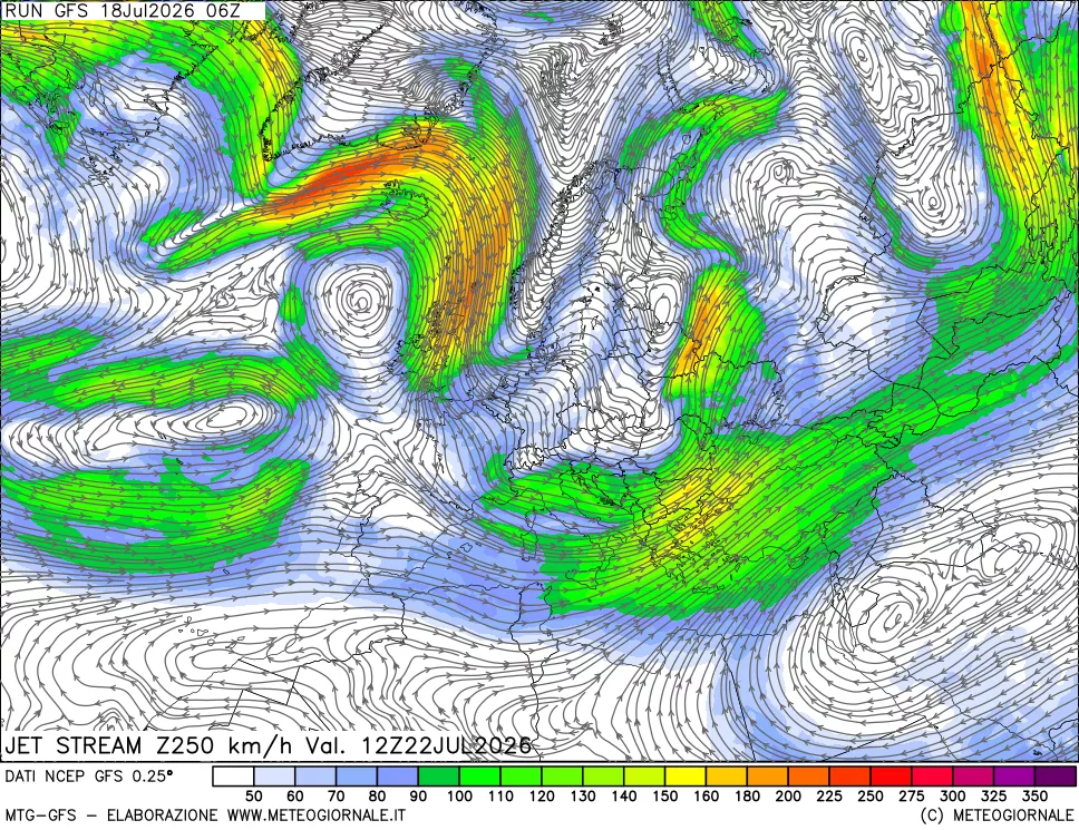 mappa 250 hPa Jet stream