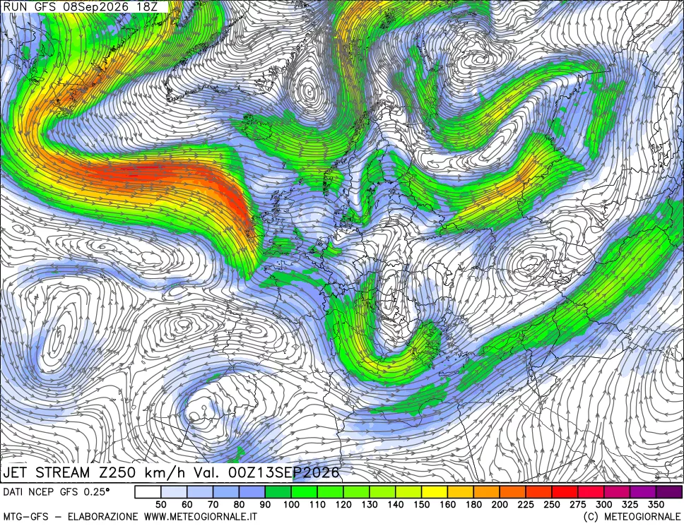 mappa 250 hPa Jet stream