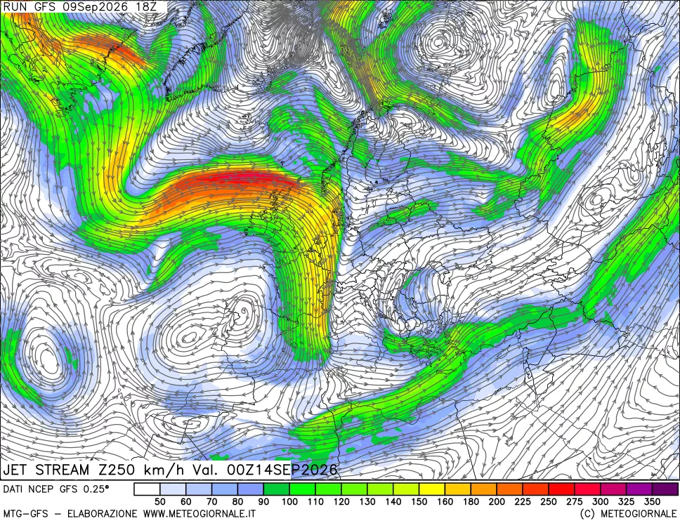 mappa 250 hPa Jet stream