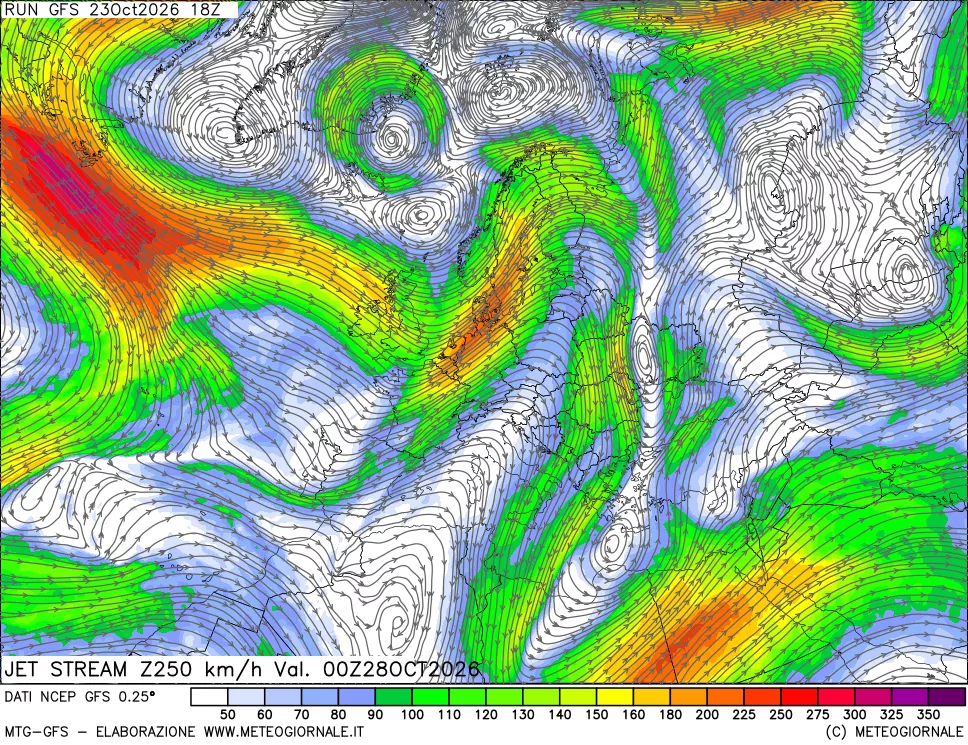 mappa 250 hPa Jet stream