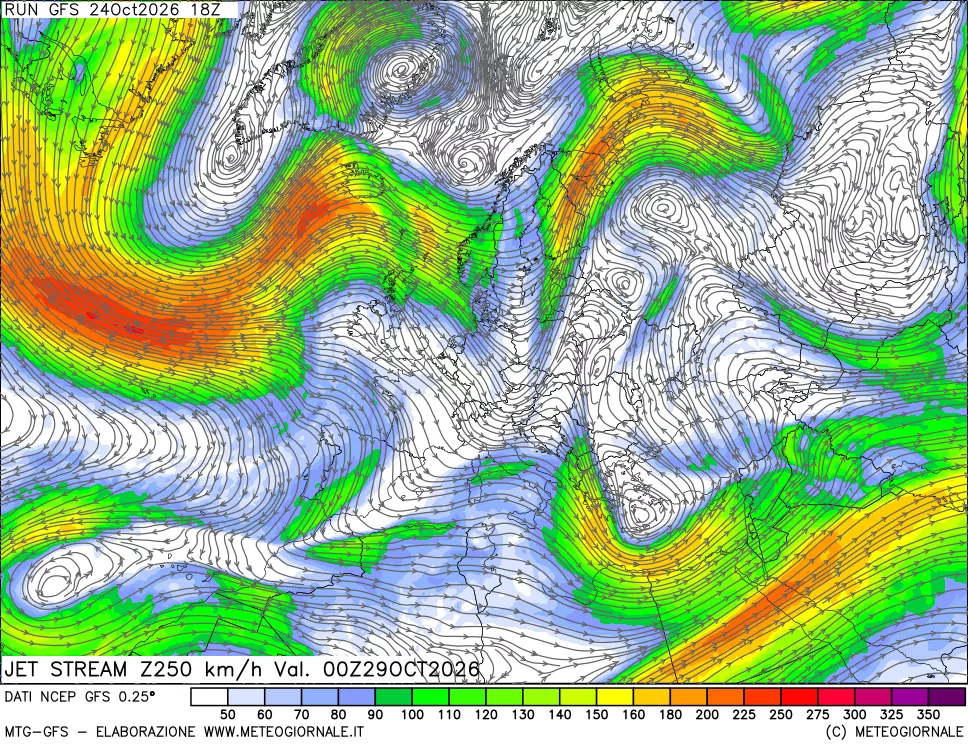 mappa 250 hPa Jet stream