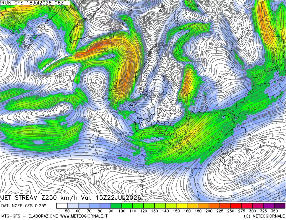 mappa 250 hPa Jet stream