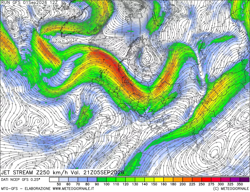 mappa 250 hPa Jet stream
