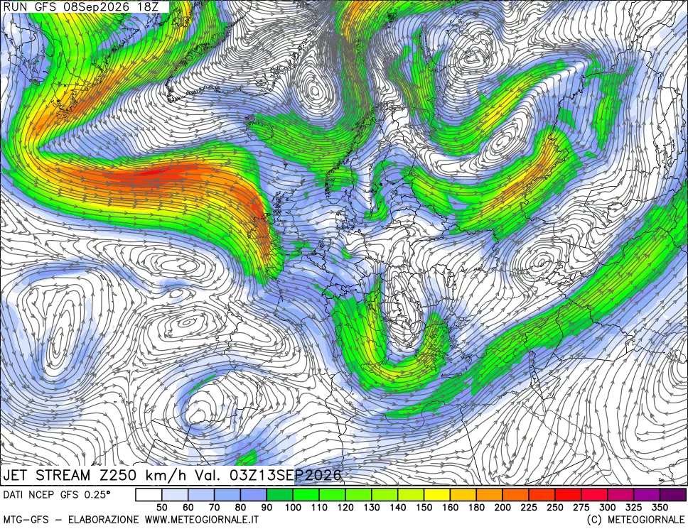 mappa 250 hPa Jet stream