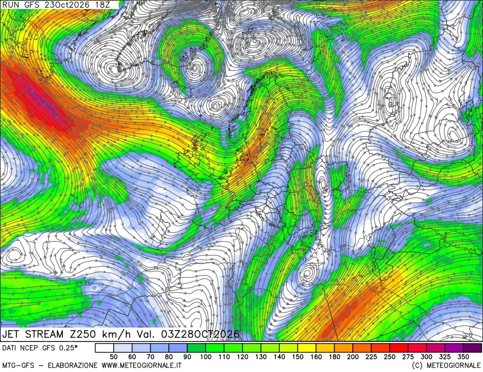mappa 250 hPa Jet stream