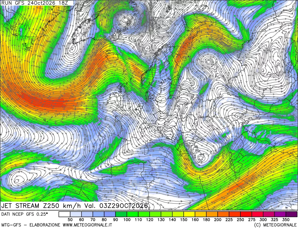 mappa 250 hPa Jet stream