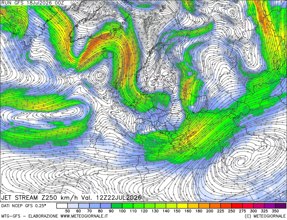 mappa 250 hPa Jet stream