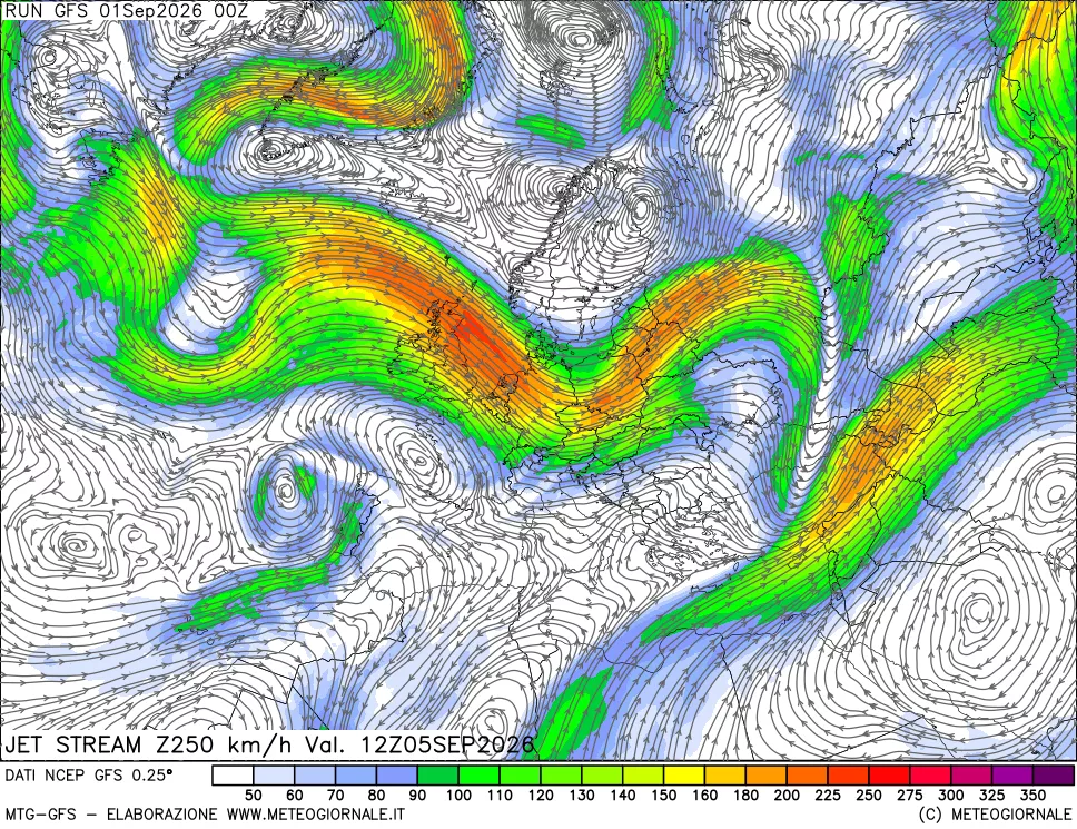 mappa 250 hPa Jet stream