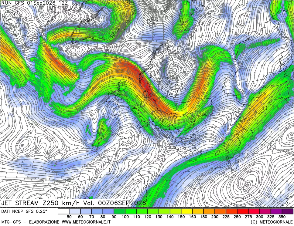 mappa 250 hPa Jet stream