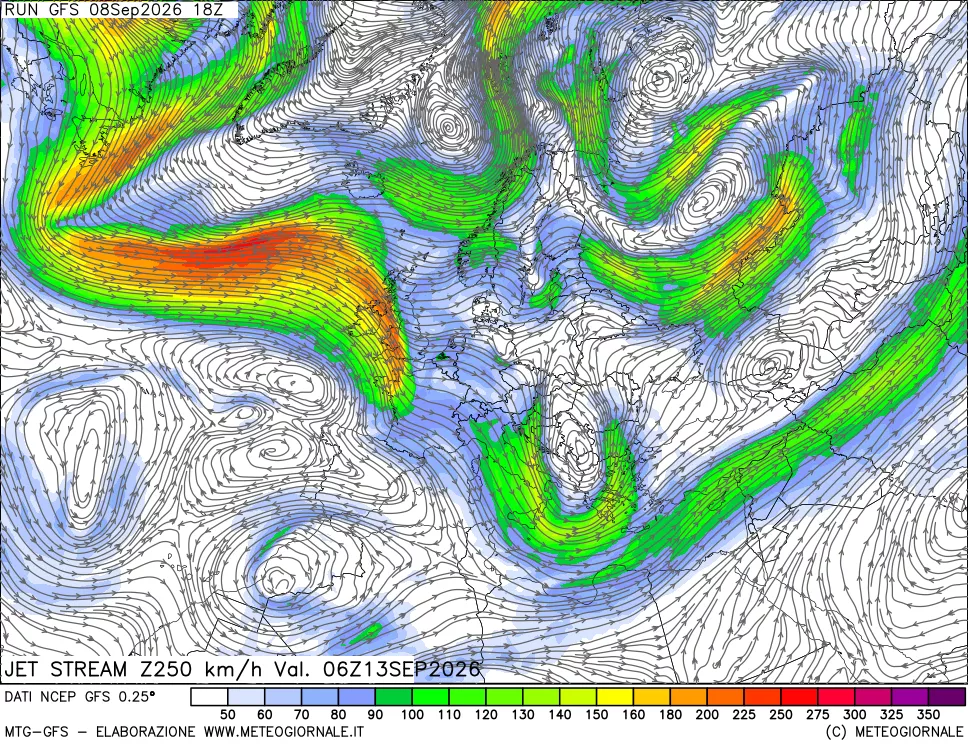 mappa 250 hPa Jet stream