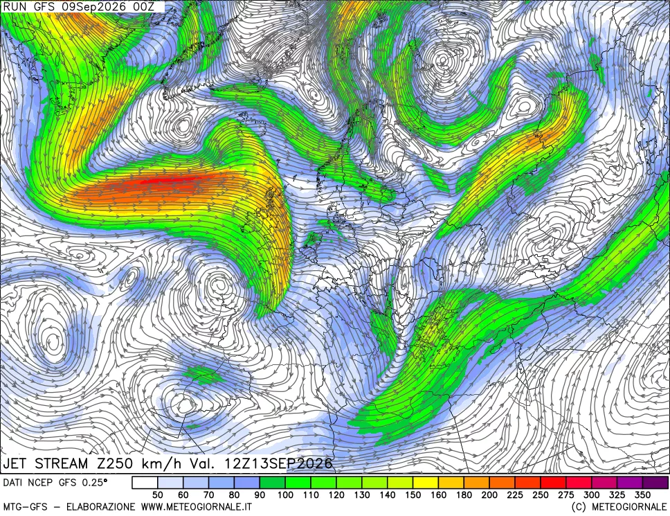 mappa 250 hPa Jet stream