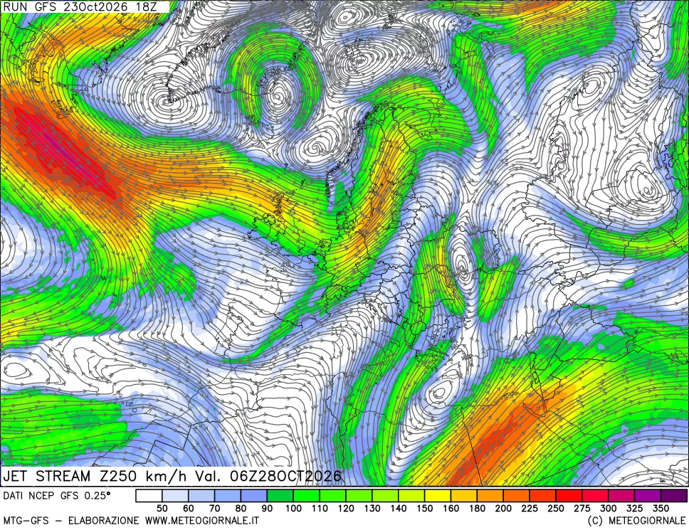 mappa 250 hPa Jet stream