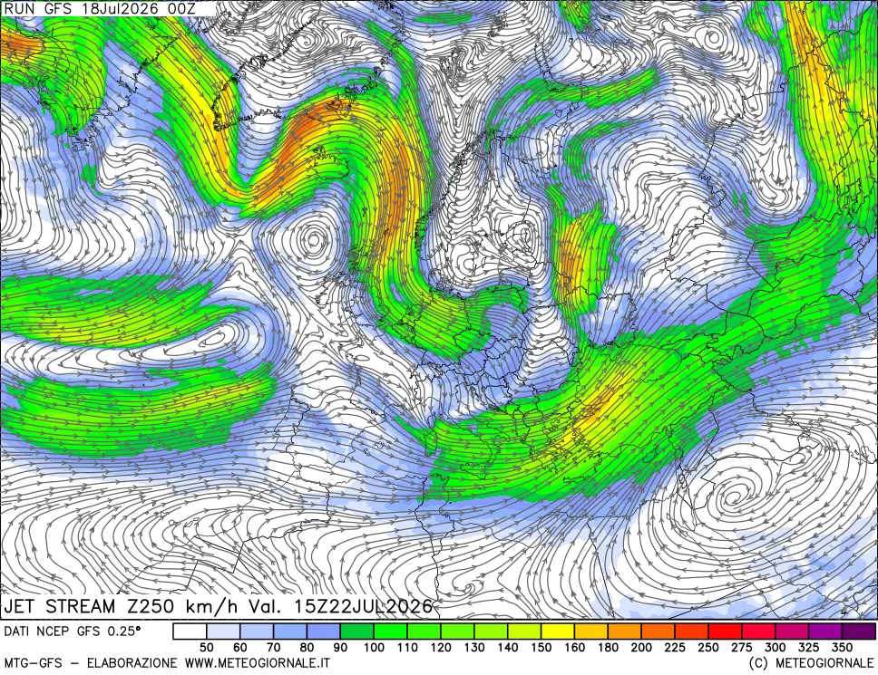 mappa 250 hPa Jet stream
