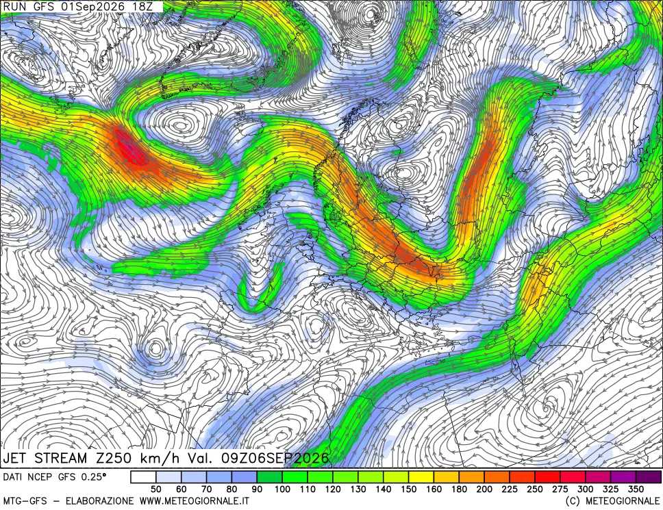 mappa 250 hPa Jet stream