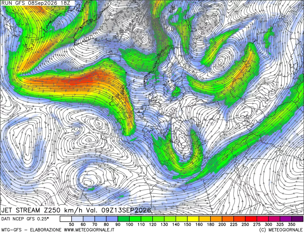 mappa 250 hPa Jet stream