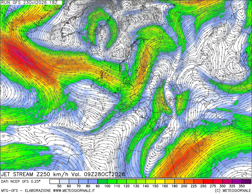 mappa 250 hPa Jet stream