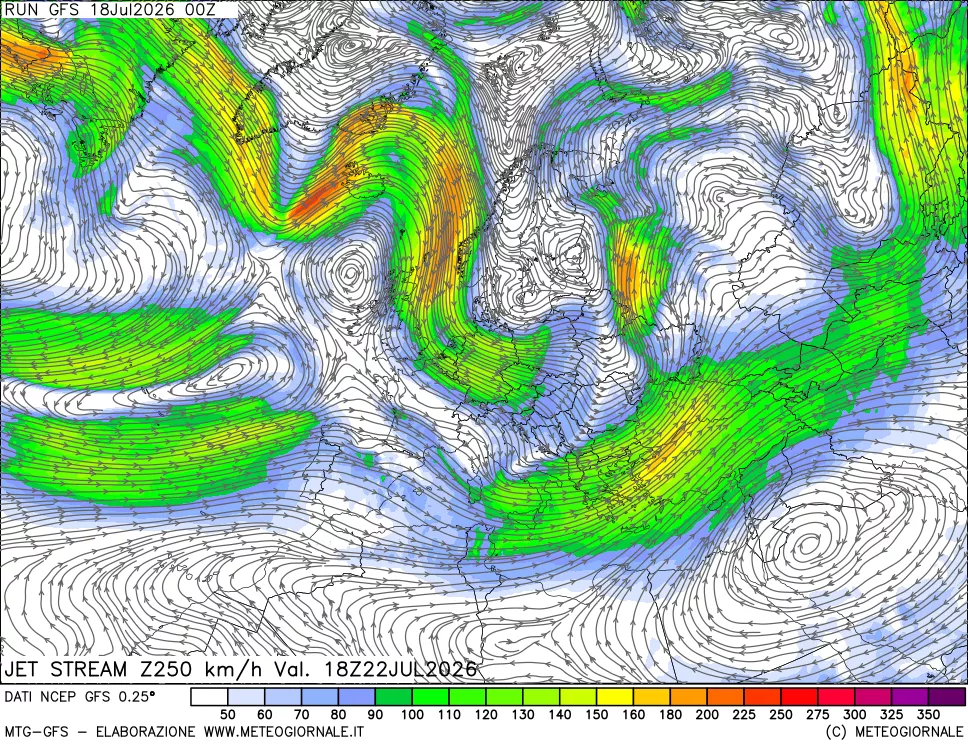 mappa 250 hPa Jet stream