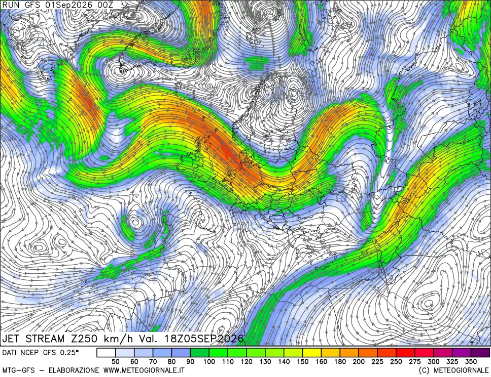 mappa 250 hPa Jet stream