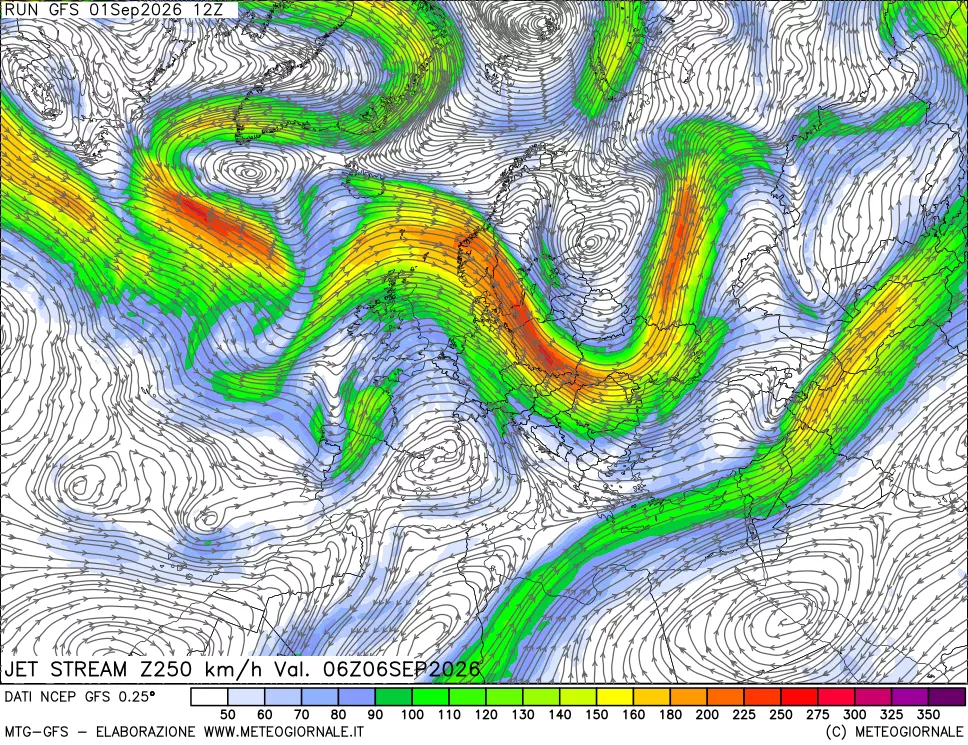 mappa 250 hPa Jet stream