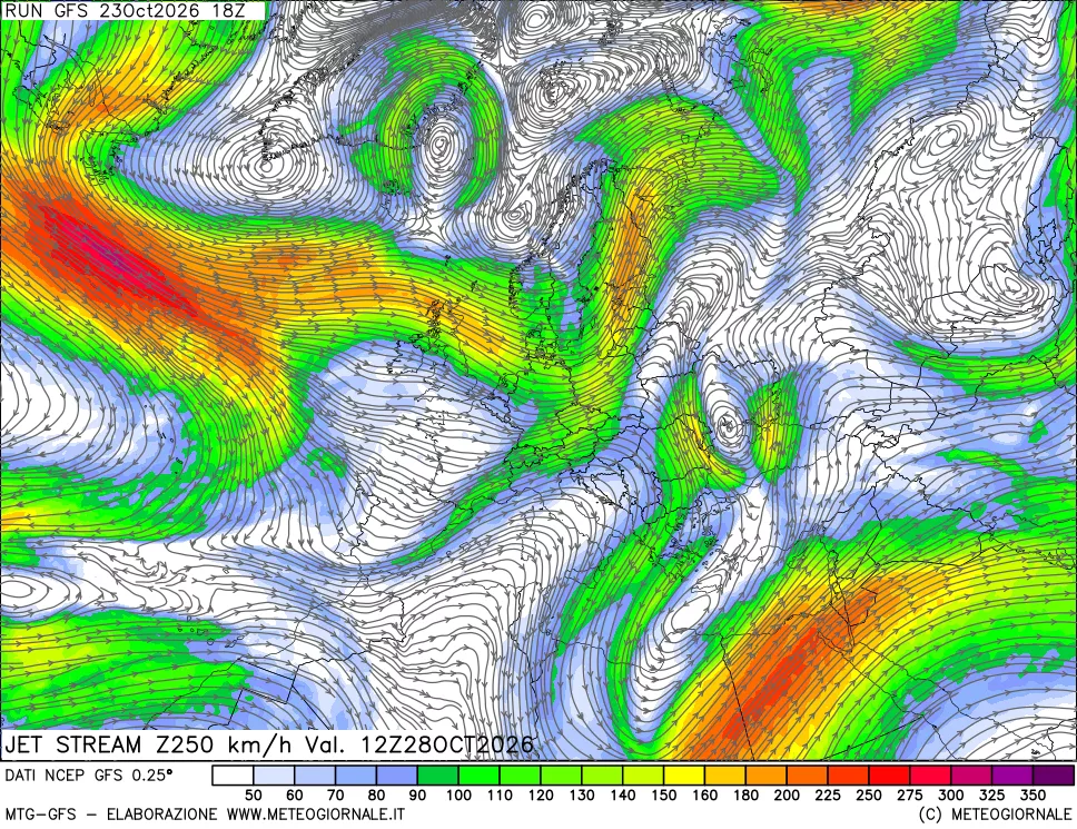 mappa 250 hPa Jet stream