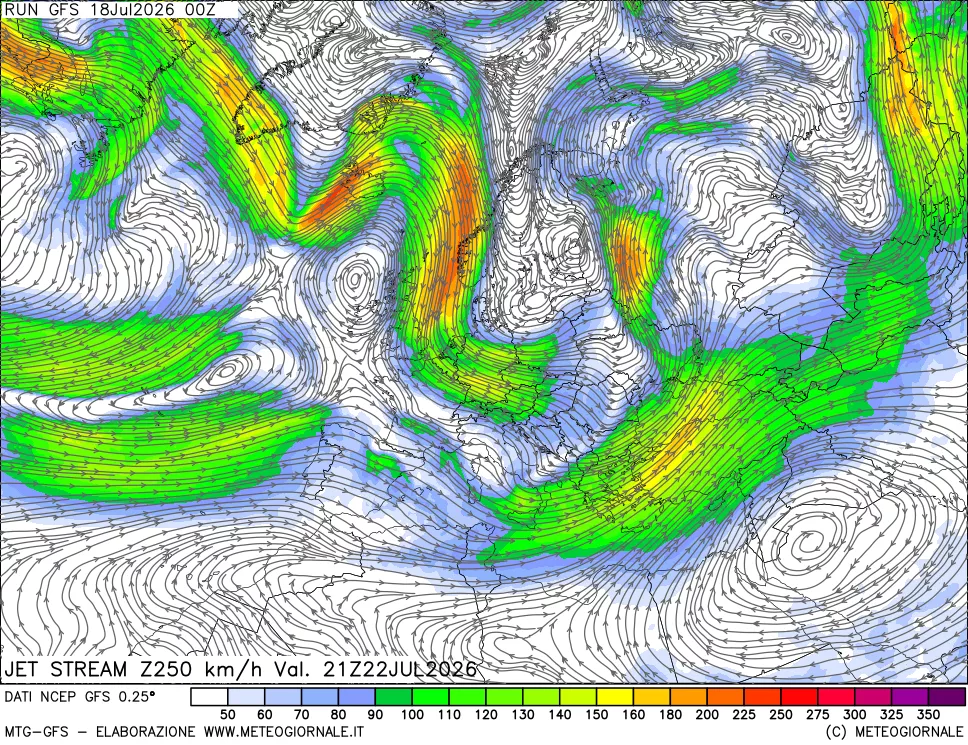 mappa 250 hPa Jet stream