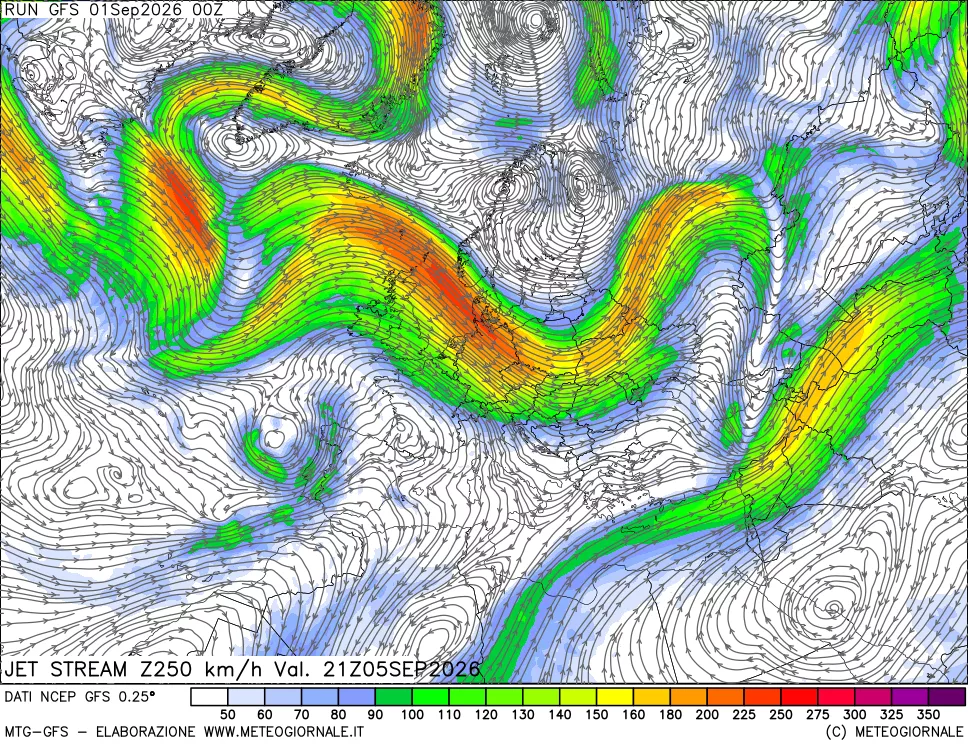 mappa 250 hPa Jet stream