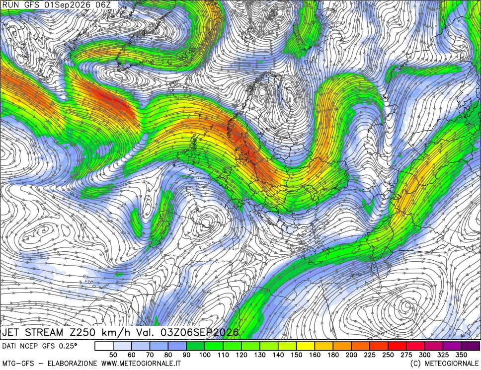 mappa 250 hPa Jet stream