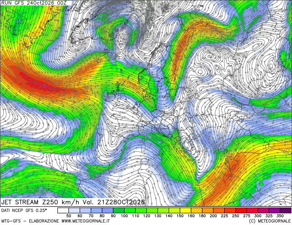 mappa 250 hPa Jet stream