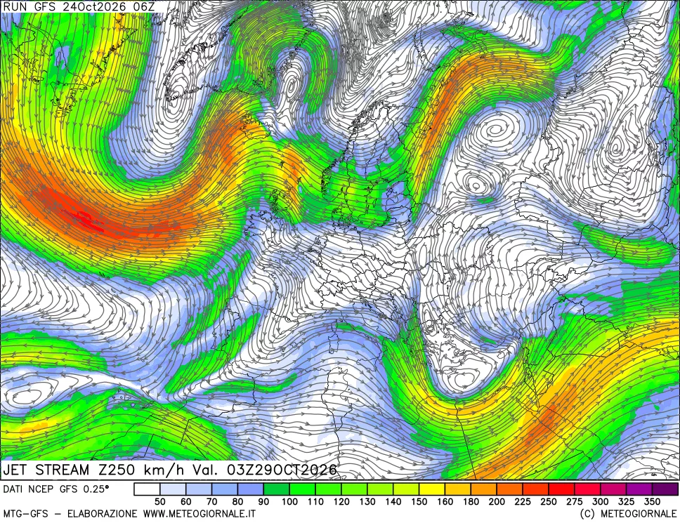 mappa 250 hPa Jet stream