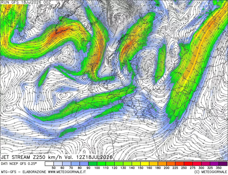 mappa 250 hPa Jet stream