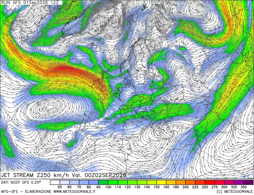 mappa 250 hPa Jet stream