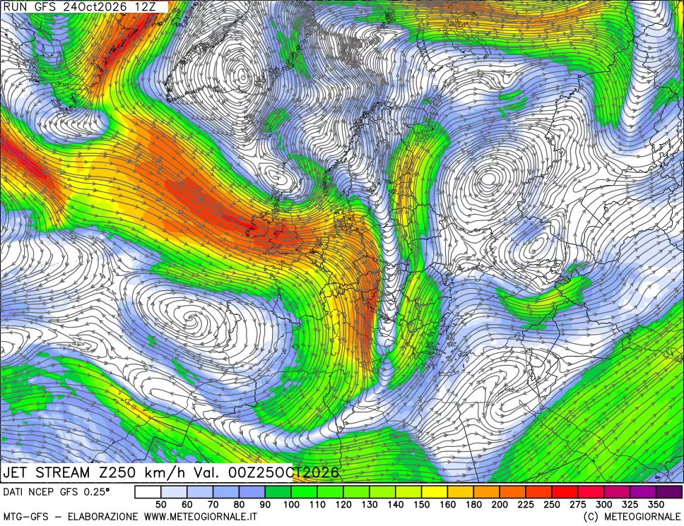 mappa 250 hPa Jet stream