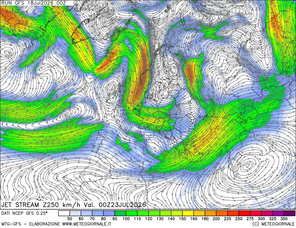 mappa 250 hPa Jet stream
