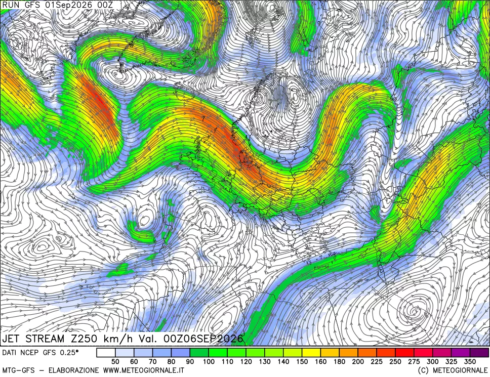 mappa 250 hPa Jet stream