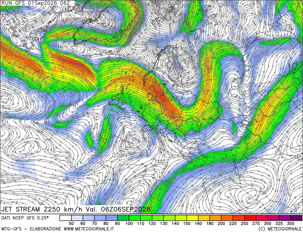 mappa 250 hPa Jet stream