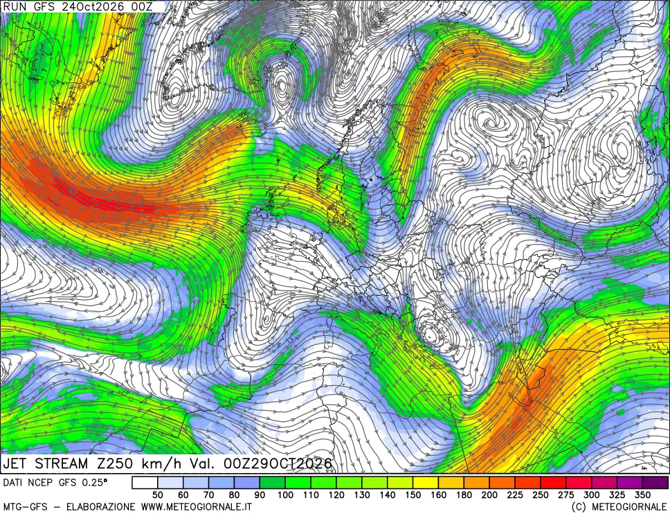 mappa 250 hPa Jet stream