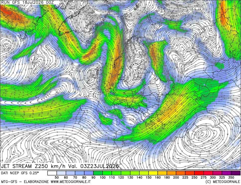mappa 250 hPa Jet stream
