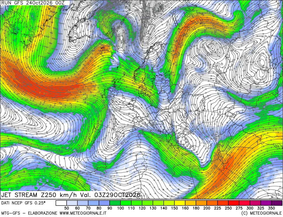mappa 250 hPa Jet stream