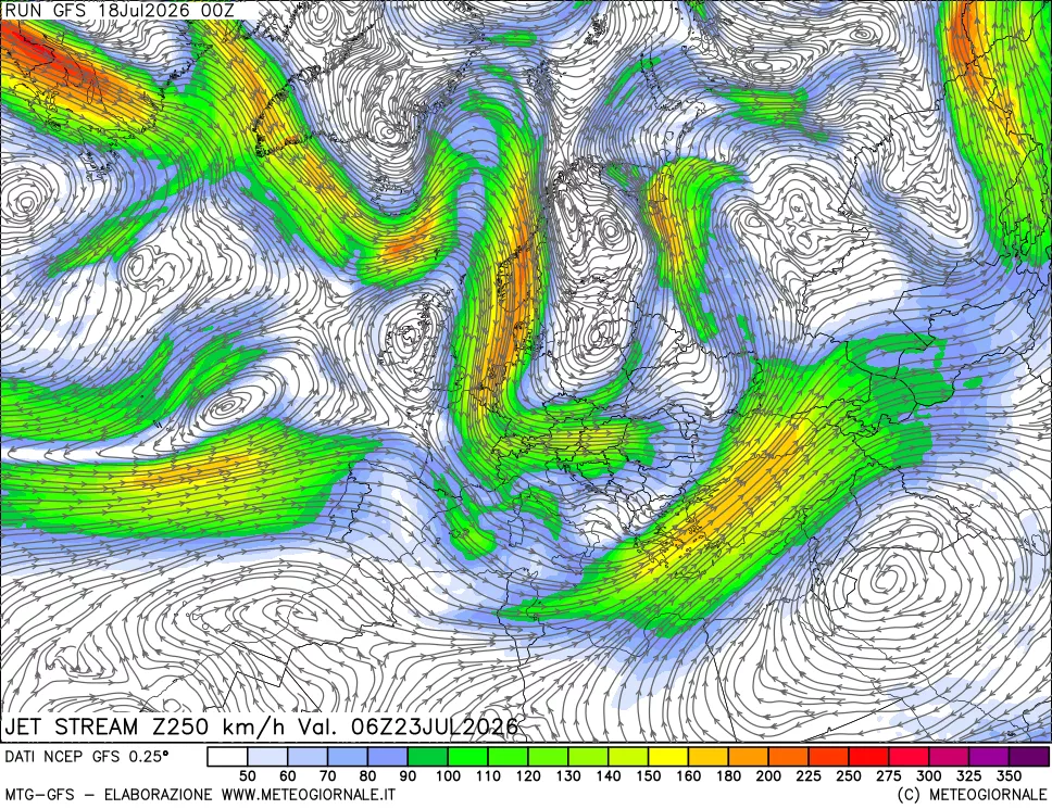 mappa 250 hPa Jet stream