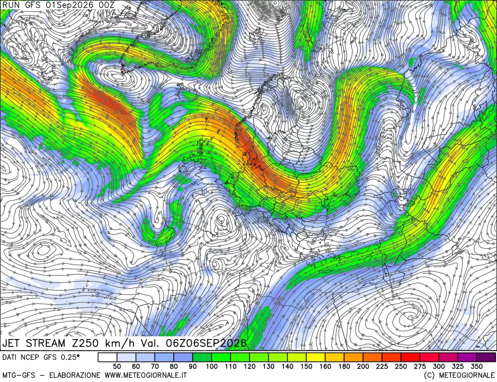 mappa 250 hPa Jet stream