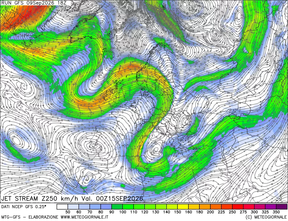 mappa 250 hPa Jet stream