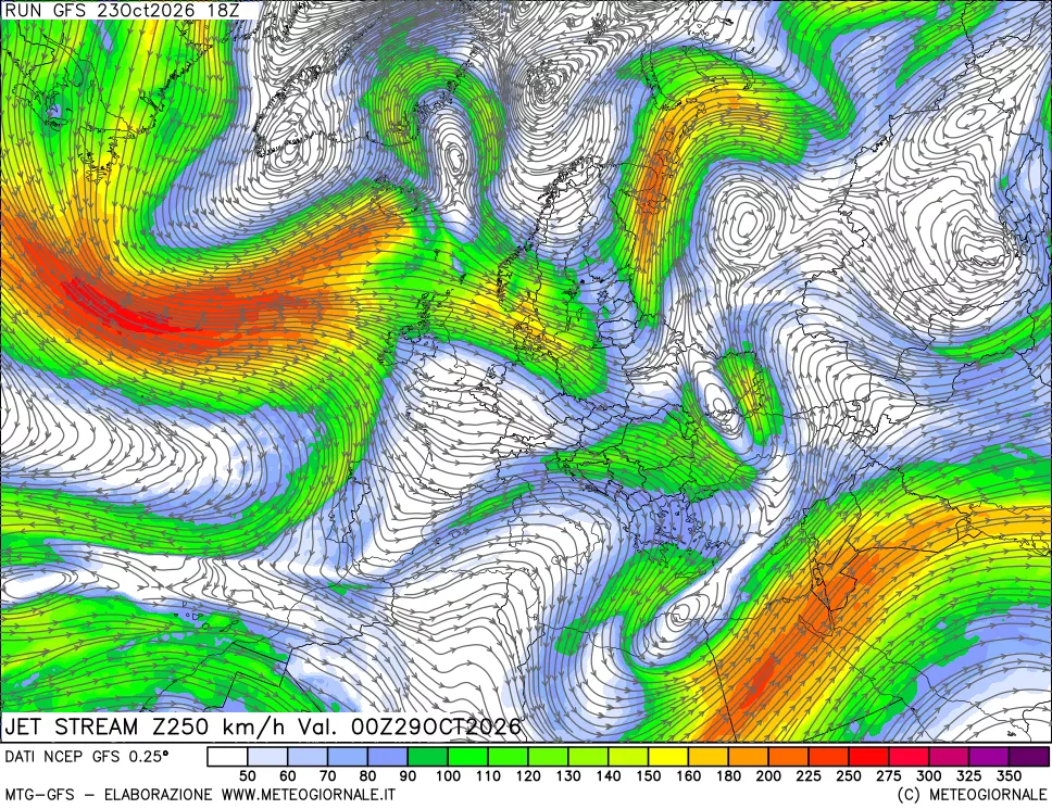 mappa 250 hPa Jet stream