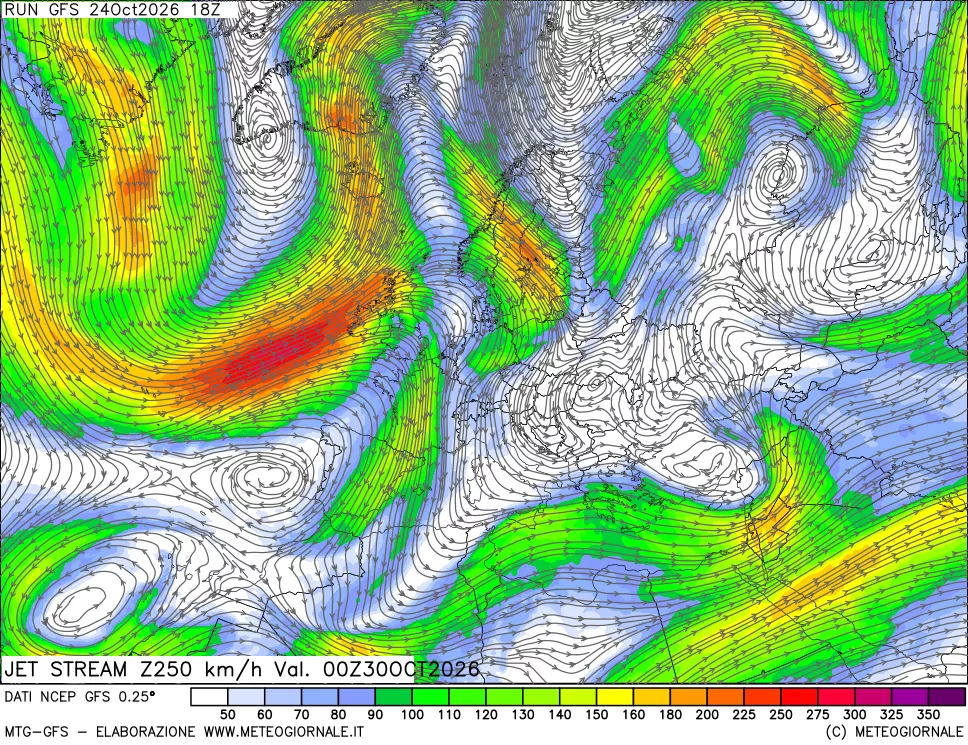 mappa 250 hPa Jet stream