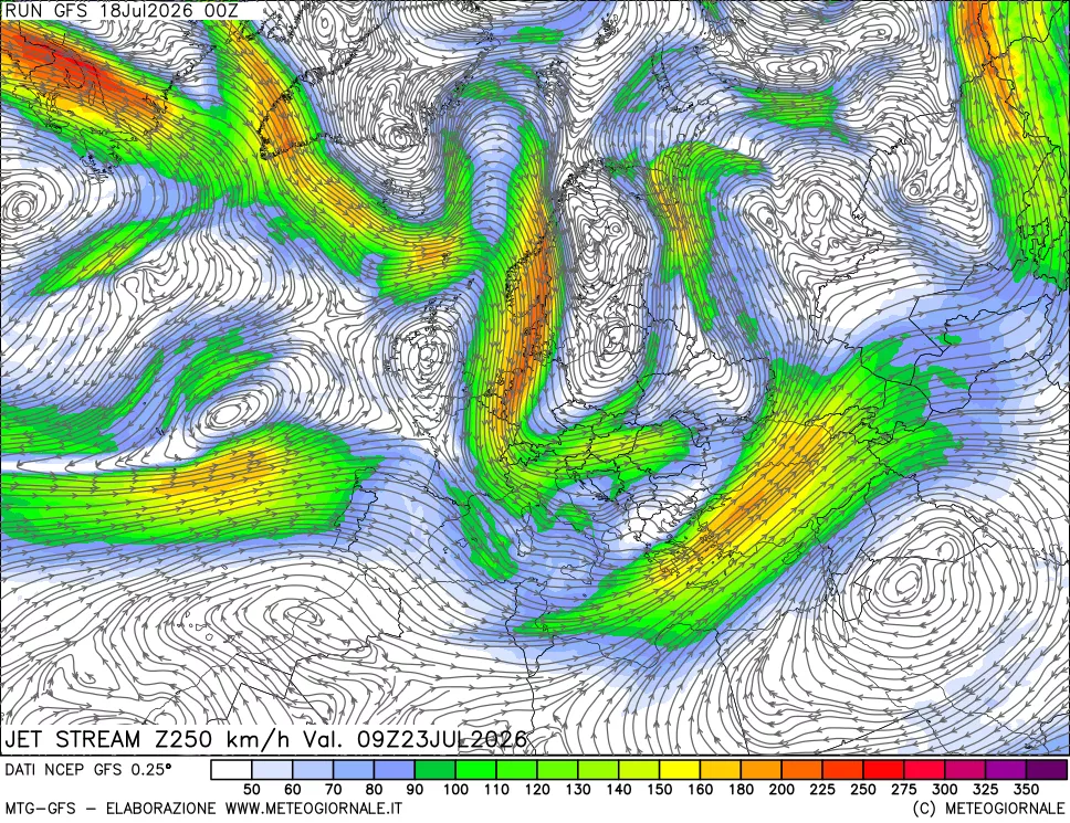 mappa 250 hPa Jet stream
