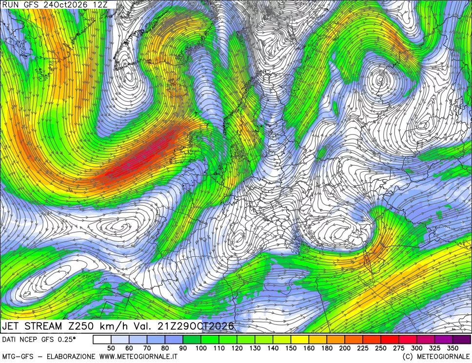 mappa 250 hPa Jet stream