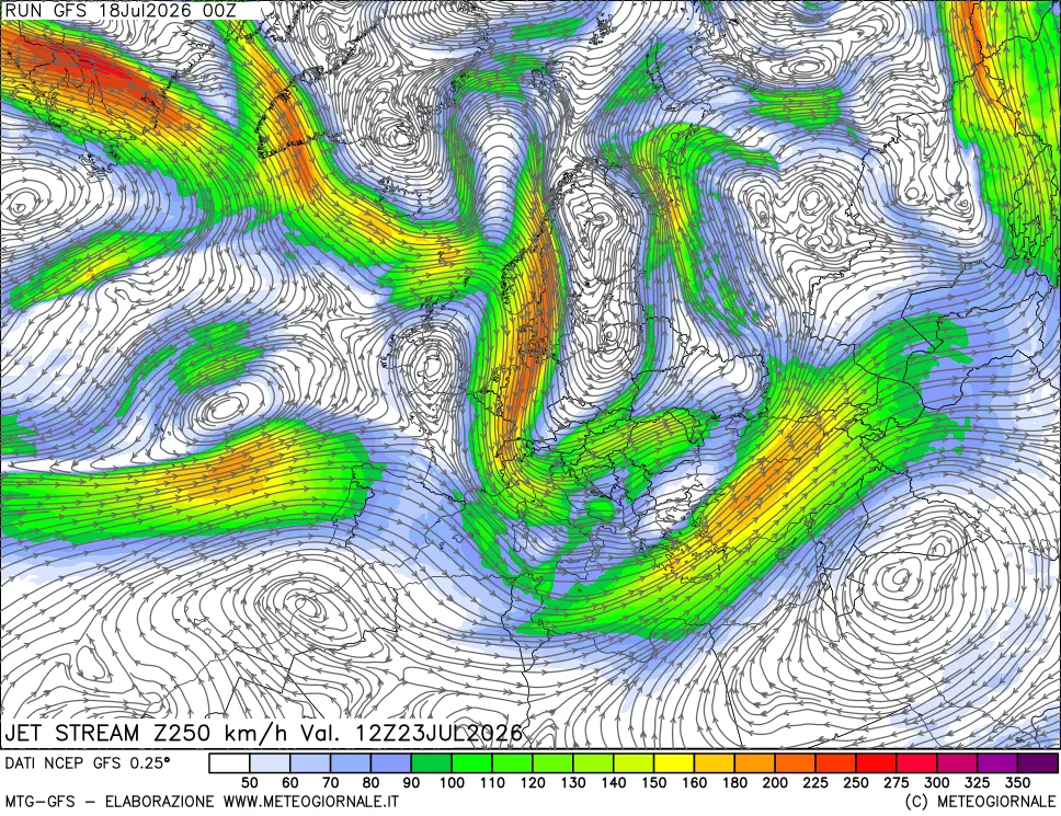 mappa 250 hPa Jet stream