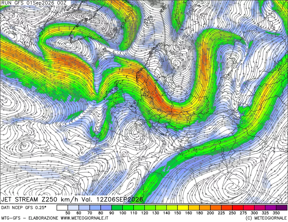 mappa 250 hPa Jet stream