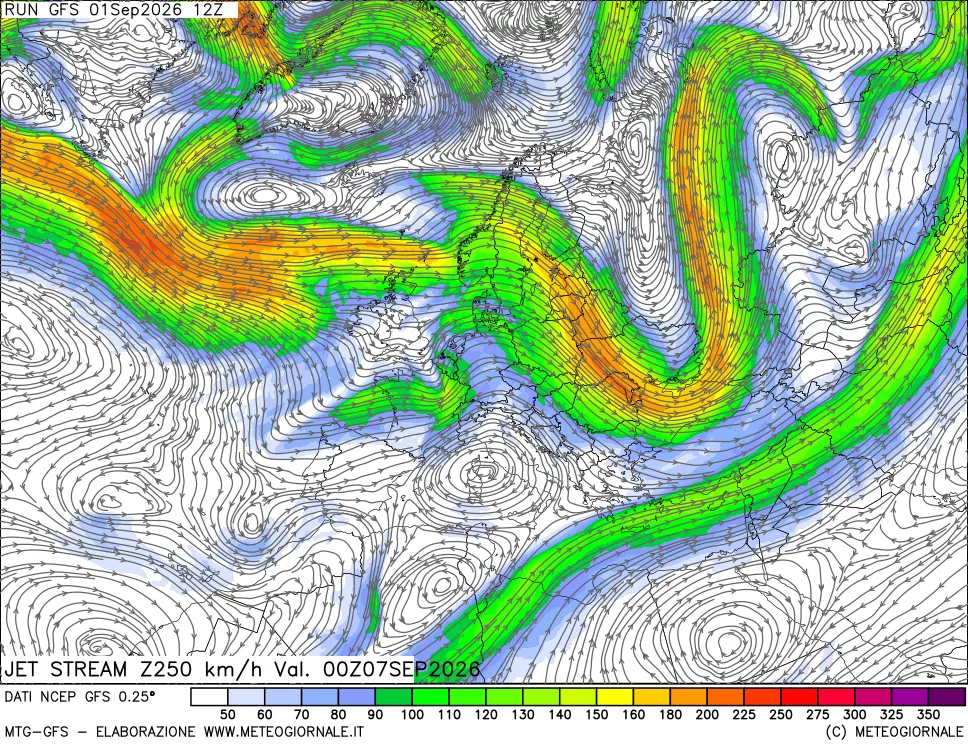 mappa 250 hPa Jet stream