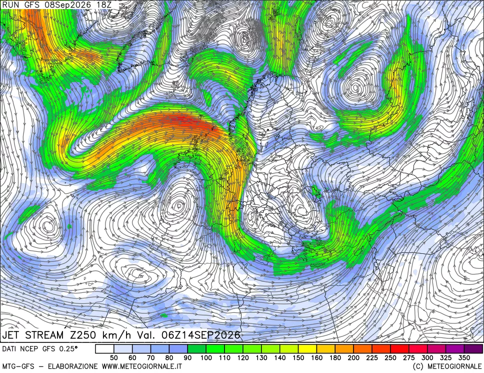 mappa 250 hPa Jet stream